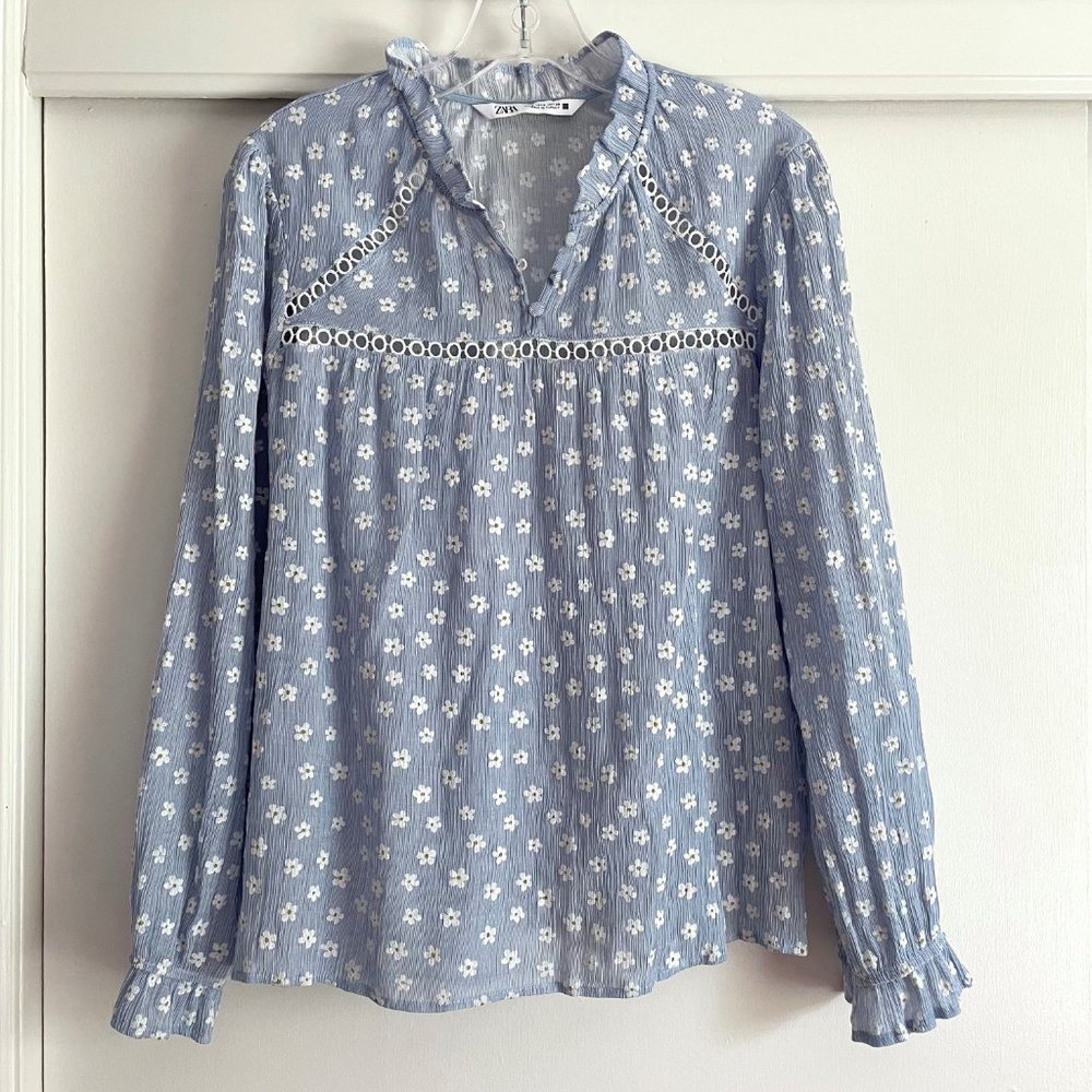 Zara Long Sleeve Ruffle Cuff/Neck Embroirdered Boho Peasant Daisy Print Blouse S